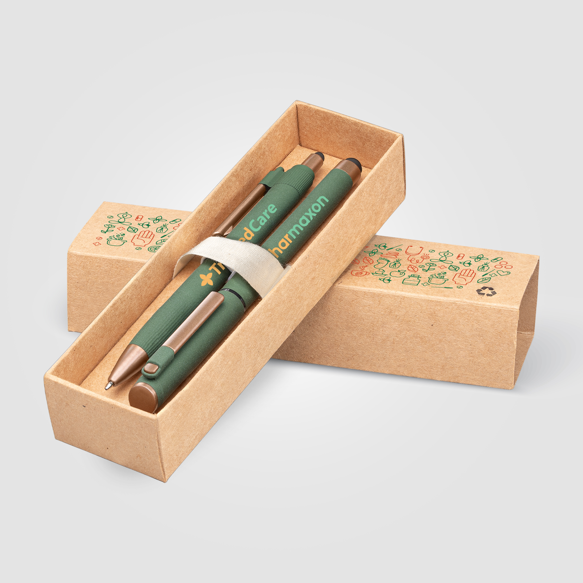 Coffret cadeau publicitaire stylos plastique recyclé finition bronze York Vert 